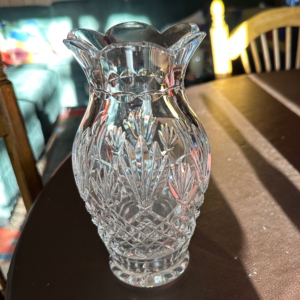Vintage Waterford Crystal Vase Scalloped Rim Diamond Fan Pattern 8 Inch